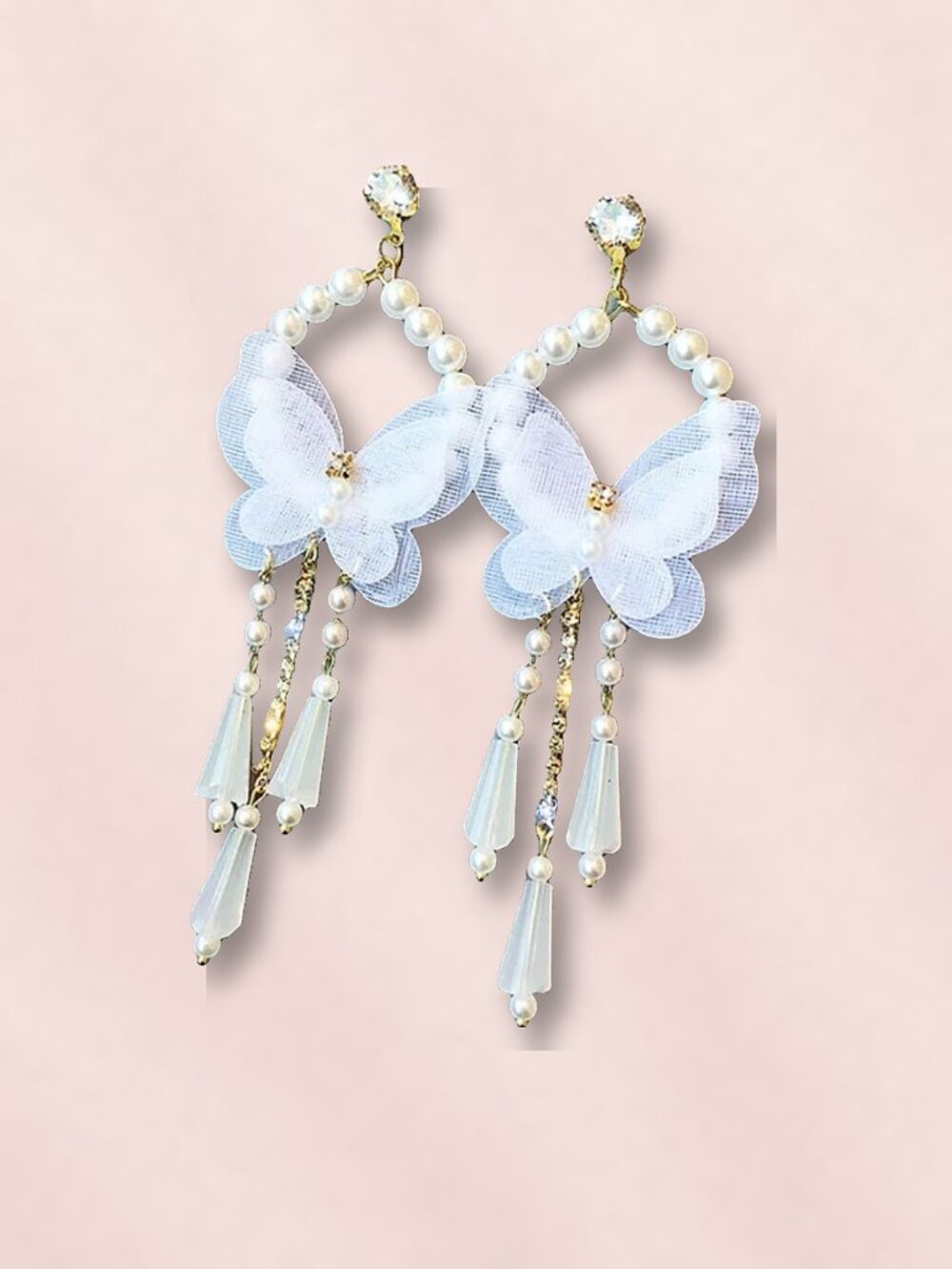 White Organza Butterfly Earrings with Faux Pearl Hoop and Bead Tassels NWT